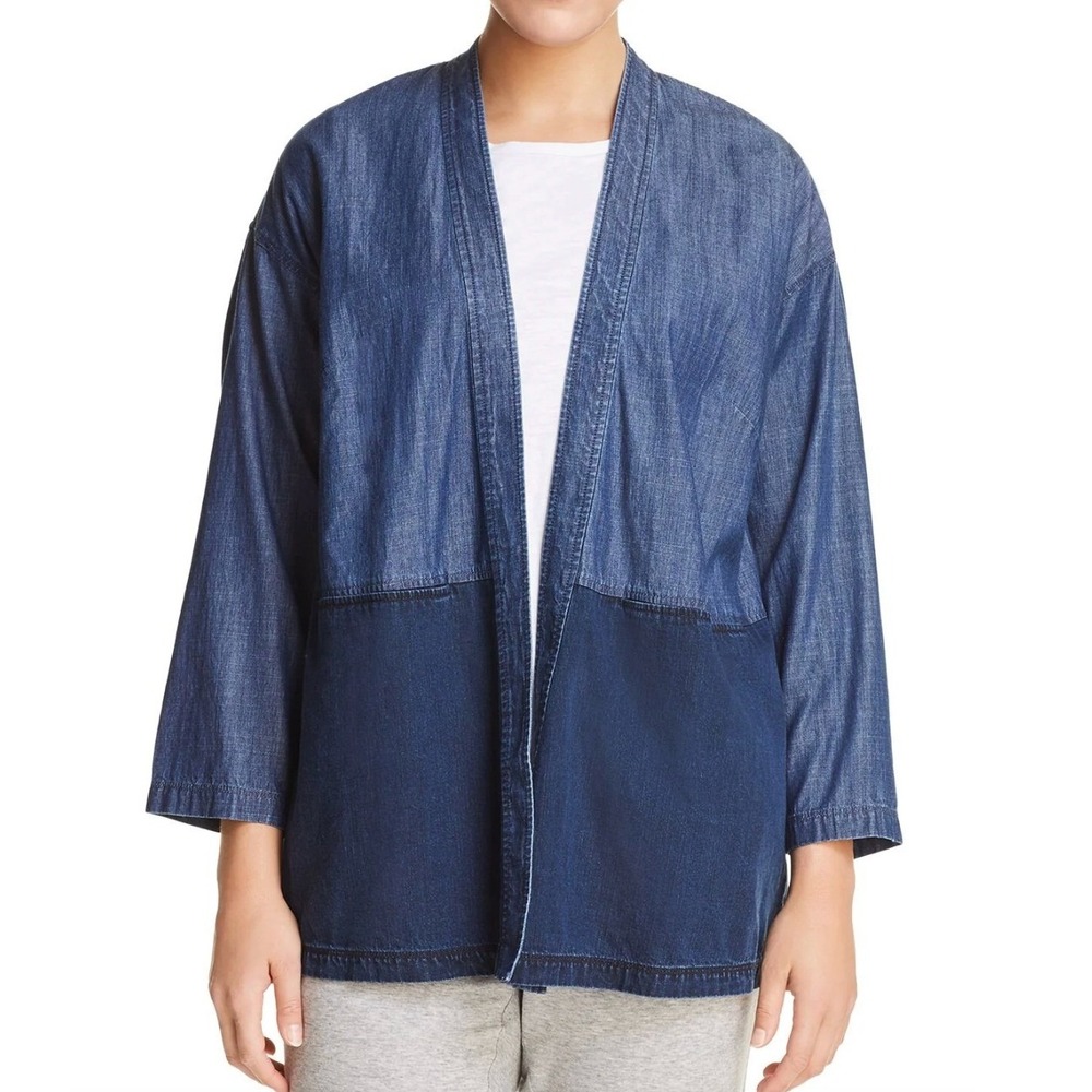 Eileen Fisher Chambray Kimono Jacket Tencel Cotton 2X Blue Lagenlook Coastal 70s